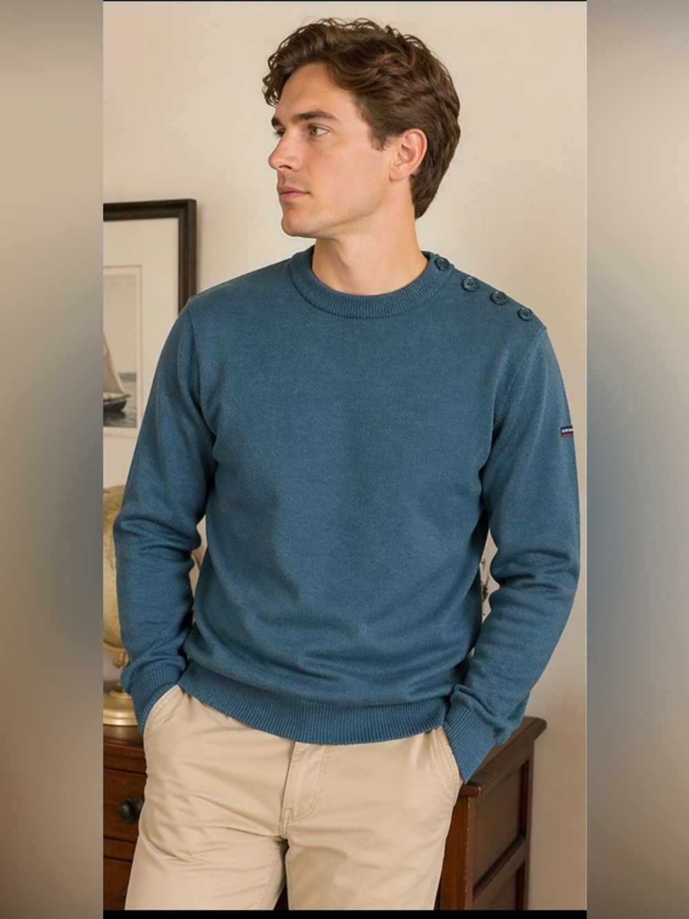 Armor Lux Wool Sweater Mens M Teal Crewneck Nautical Button Shoulder NWT
